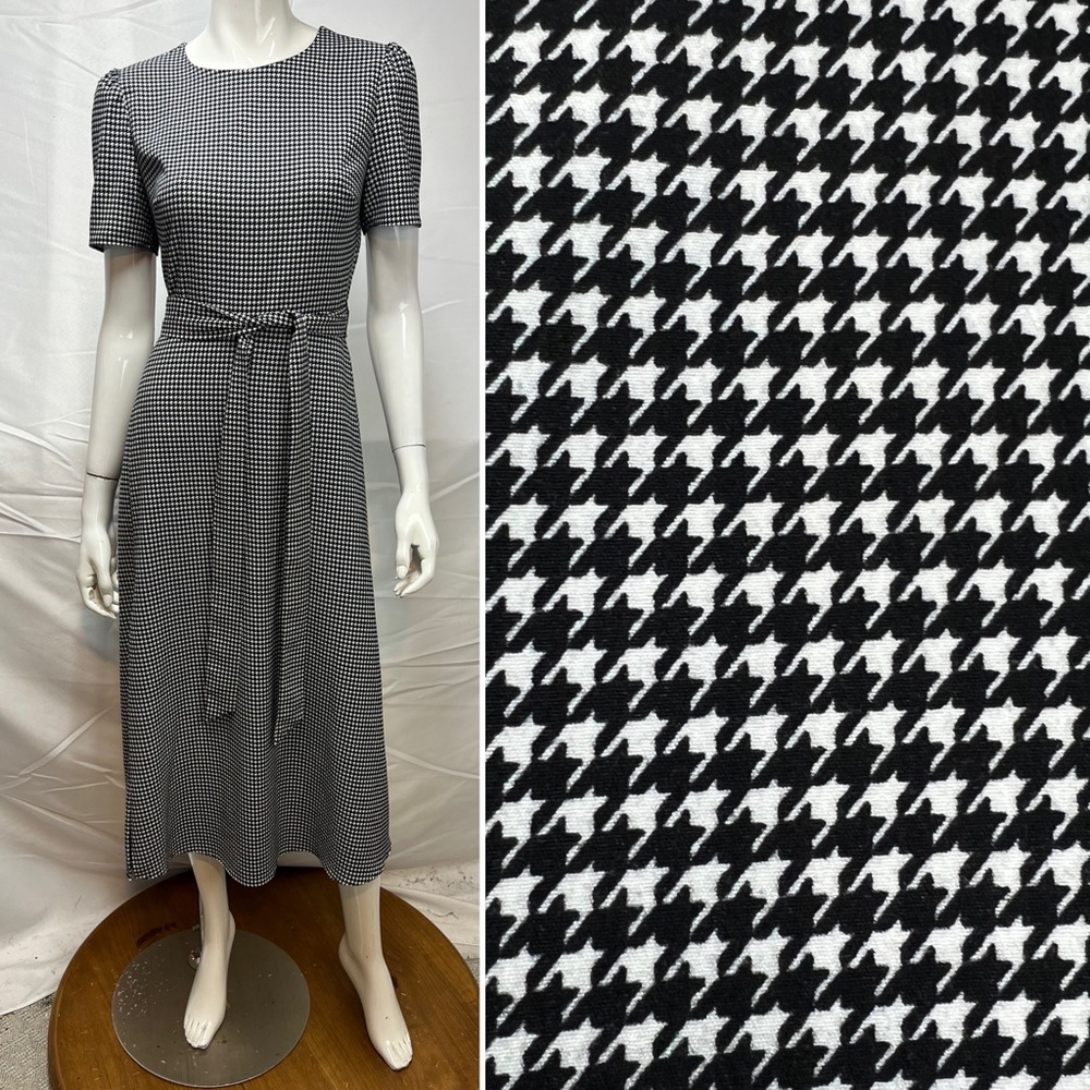 Vince Camuto Women’s 4 Black White Houndstooth Belted Short Sleeve Midi Dress